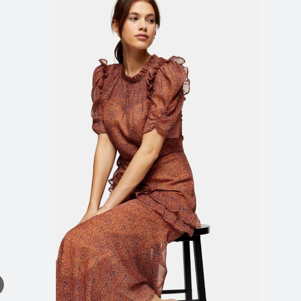 TOPSHOP Floral Ruffle Midi Dress In Orange 4